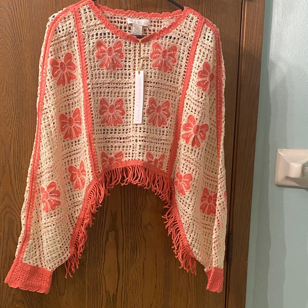 House of Harlow 1960 Crochet Fringe Sweater /Shawl/Shrug- Cream and Coral/Pink
